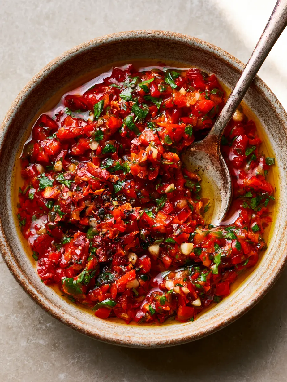Top-down close-up of Smoky Red Chimichurri Sauce in a textured ceramic bowl with glistening olive oil and red chili flakes.