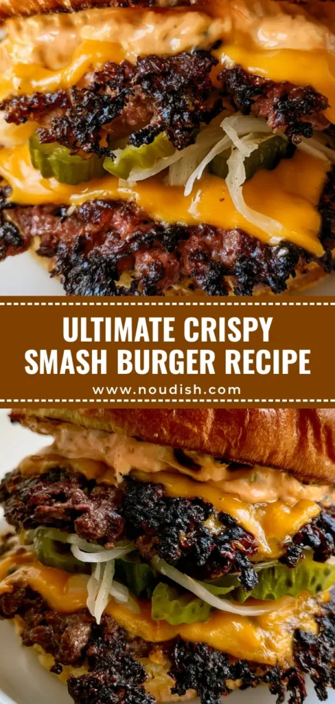 A double-stacked Crispy Smash Burger with jagged lacy edges, melted orange cheese, and thin onion slivers on a toasted brioche bun.