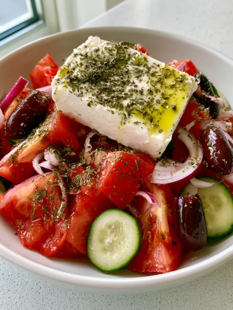 Overhead view of a Horiatiki salad with a thick rectangular slab of creamy white feta cheese heavily dusted with oregano.