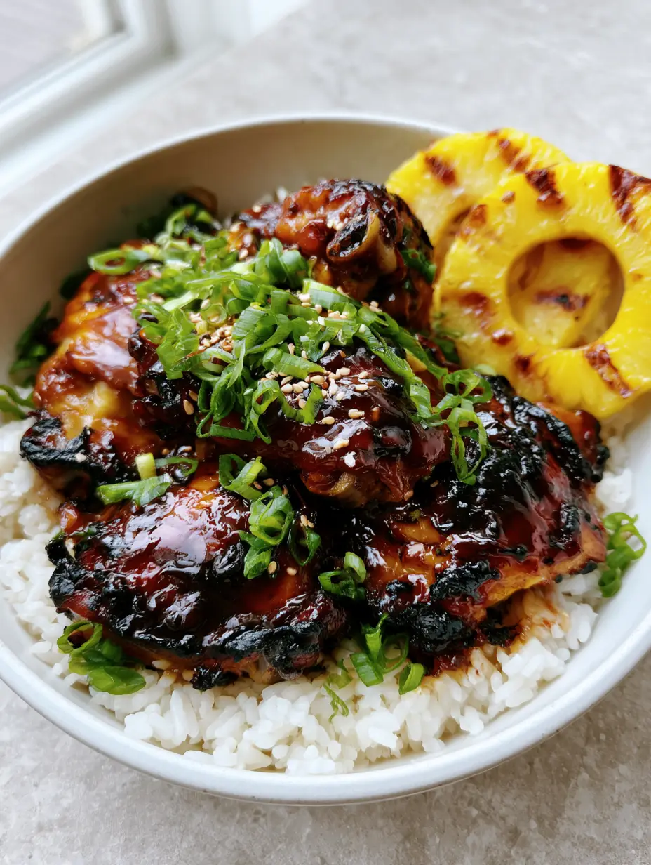 Huli Huli Chicken: The Ultimate Mahogany Glazed Hawaiian BBQ 3 Close-up of charred grilled chicken thighs coated in mahogany glaze on a bed of jasmine rice. (Huli Huli Chicken)