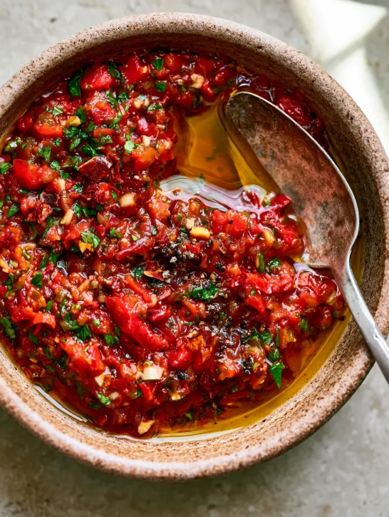 Handheld smartphone shot of Smoky Red Chimichurri Sauce on a grey stone countertop, featuring a silver spoon submerged in the sauce.