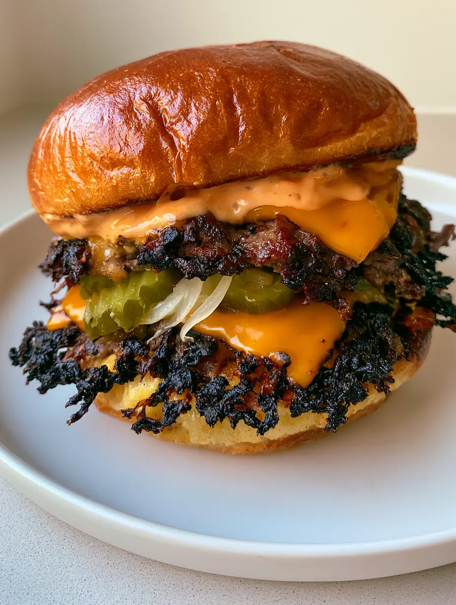 Detailed close-up of two charred Crispy Smash Burger patties with distinctive dark-brown lacy edges on a white plate.