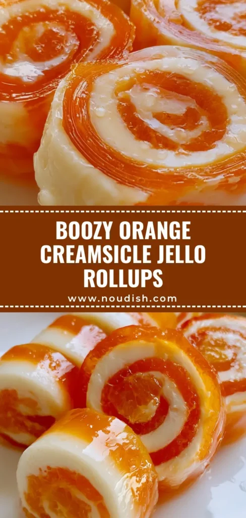 A handheld smartphone photo showing a plate of Creamsicle Vodka Jello Rollups with perfect orange and white swirls and a glossy finish.