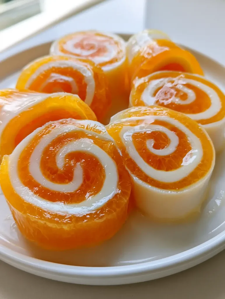 Vertical shot of Creamsicle Vodka Jello Rollups with condensation droplets, emphasizing the glossy texture.