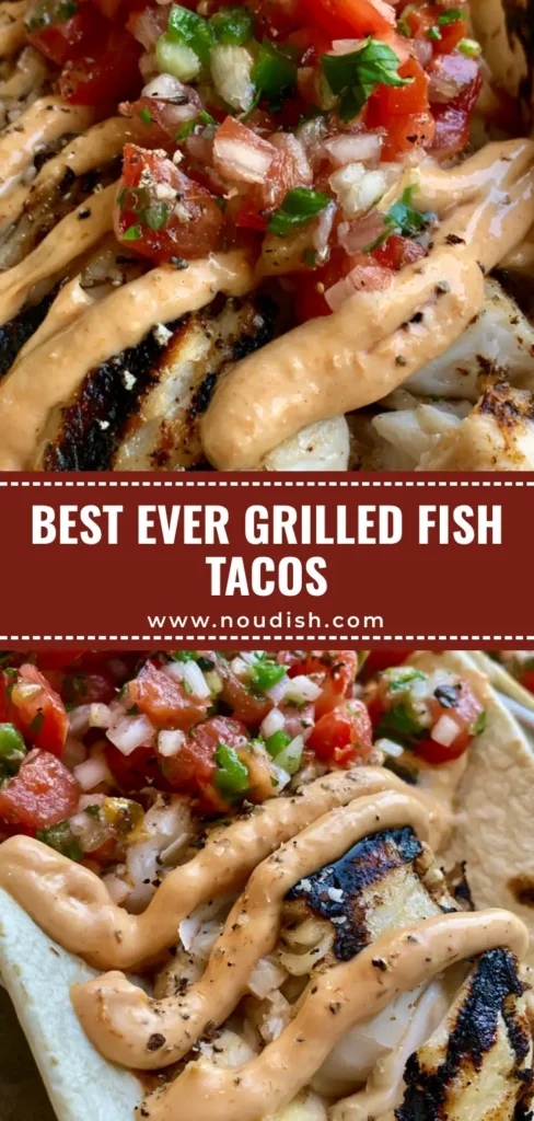 Three Grilled Fish Tacos in a metal holder showing charred white fish, thick spicy chipotle mayo drizzle, and fresh pico de gallo on charred corn tortillas.
