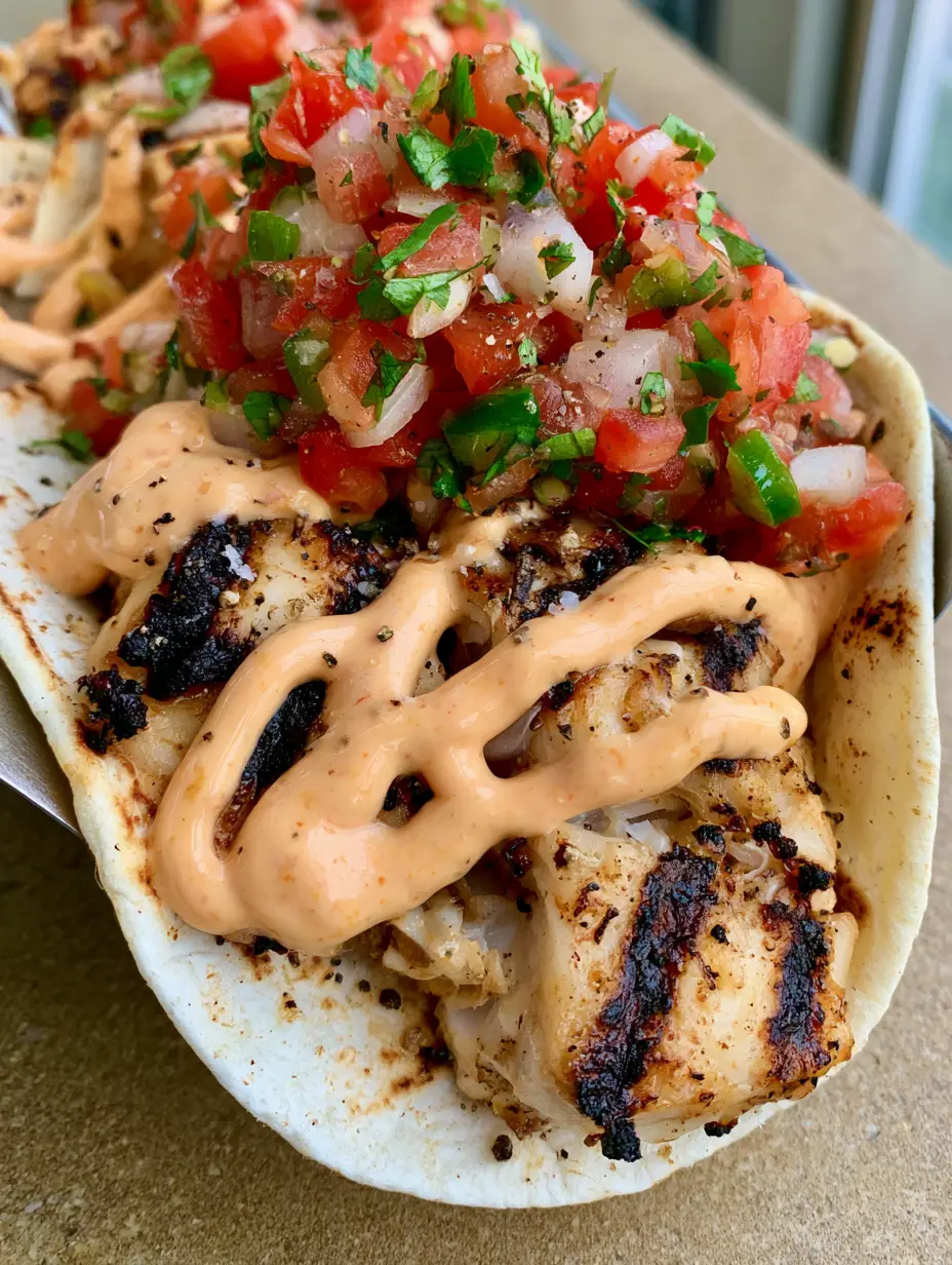Handheld smartphone photo of Grilled Fish Tacos with distinct dark grill marks and pale orange spicy mayo zigzag.