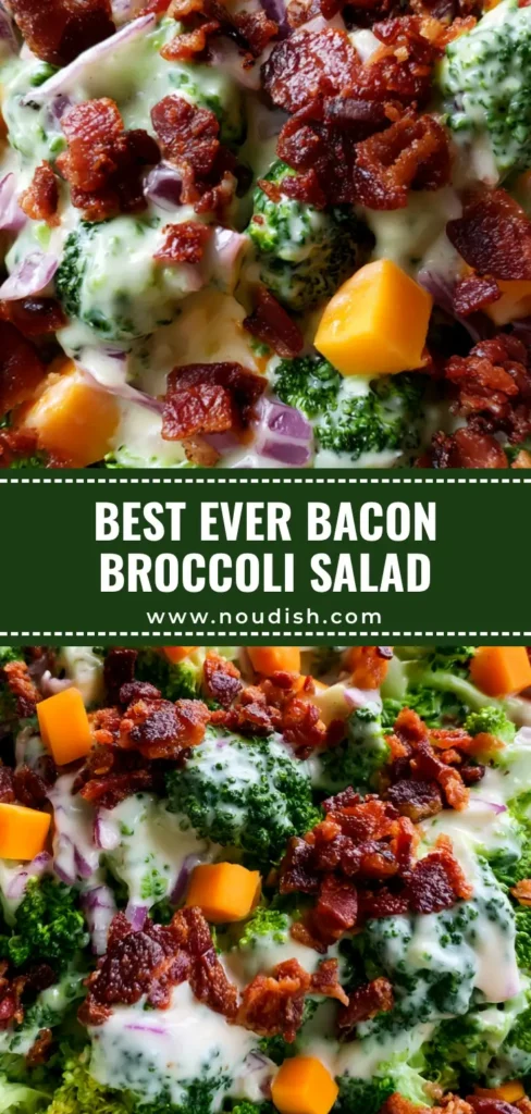 A tall, vertical shot of Broccoli Salad with Bacon in a white bowl, showing crispy bacon and orange cheddar cubes. (Broccoli Salad with Bacon)