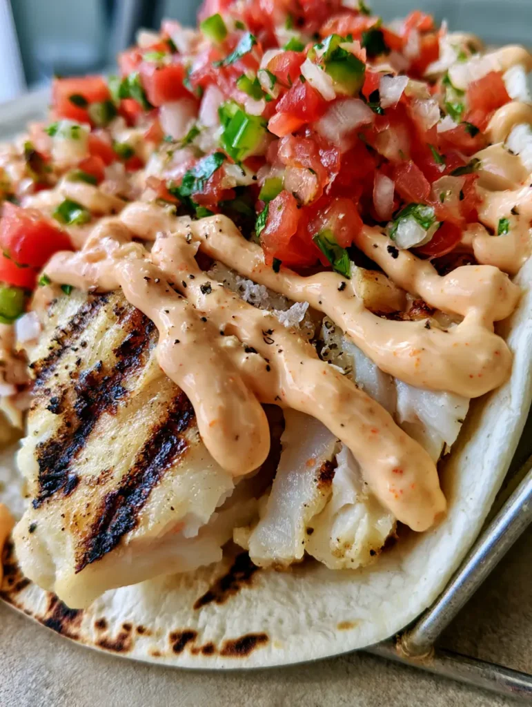 Grilled Fish Tacos resting on a neutral stone surface in a taco holder with vibrant red tomatoes and green jalapenos.