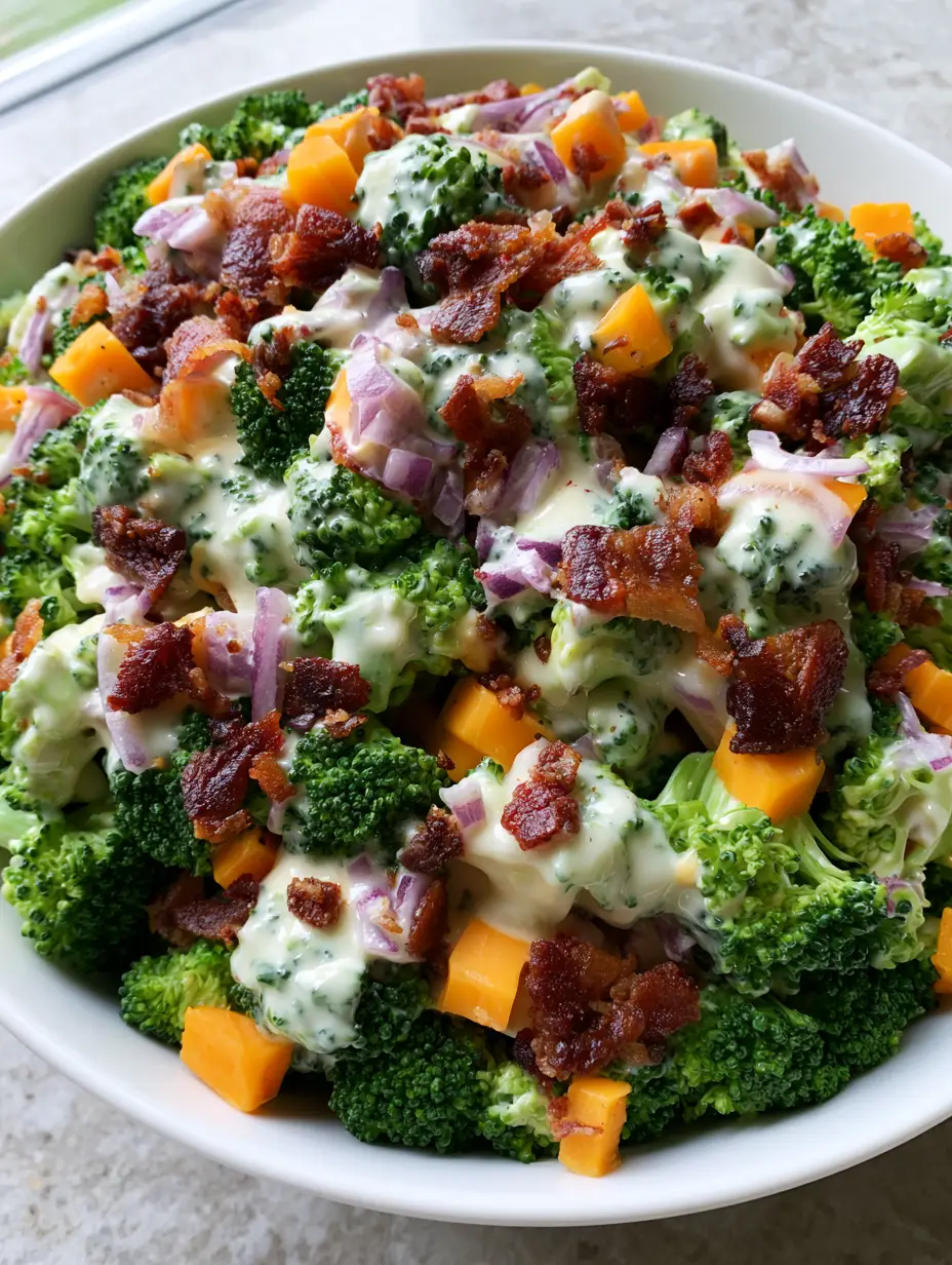 Close-up high-angle shot of Broccoli Salad with Bacon featuring vibrant green florets and glossy white dressing. (Broccoli Salad with Bacon)