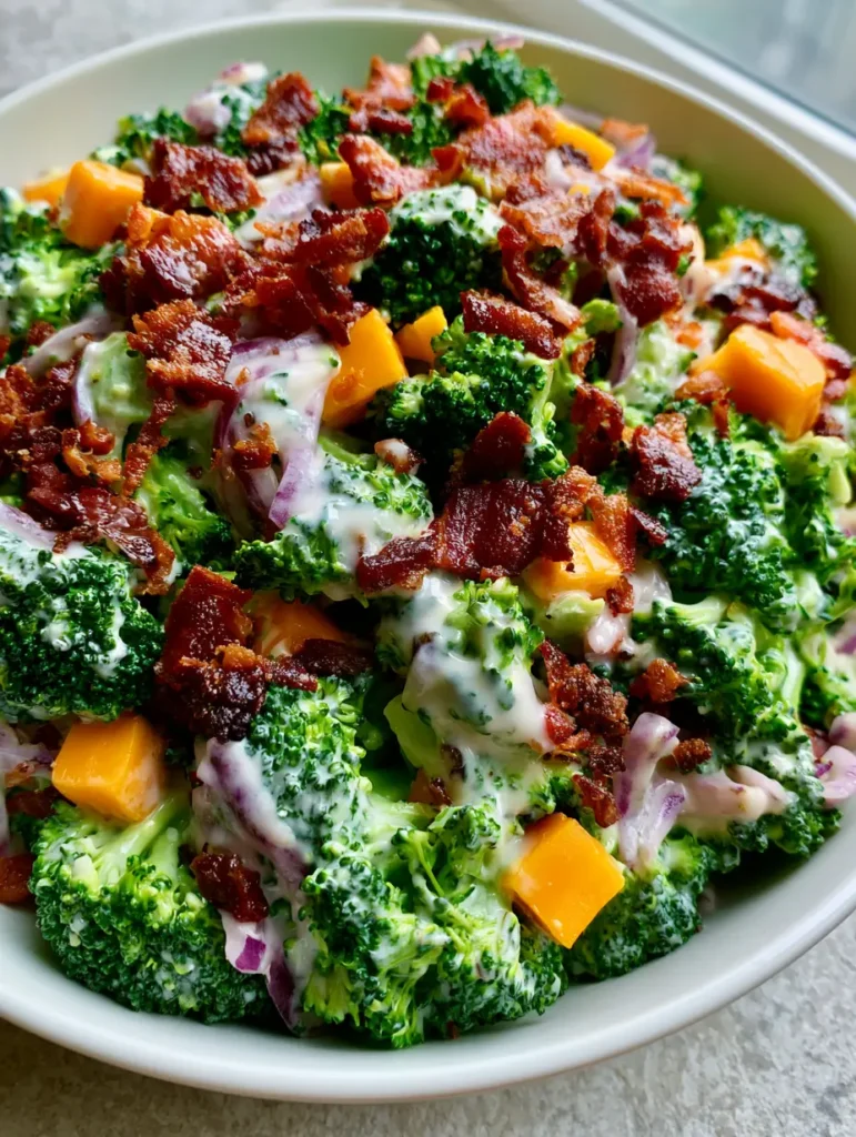 Detail shot of cubed orange cheddar and purple onion slivers in a Broccoli Salad with Bacon.