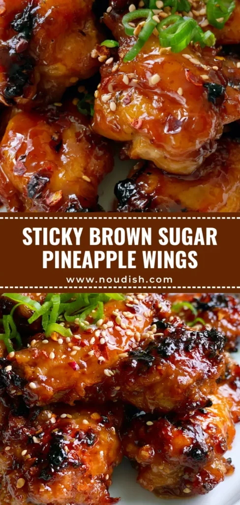 A tall stack of Brown Sugar Pineapple Wings on a white plate, showing the thick translucent glaze and green onion garnish.