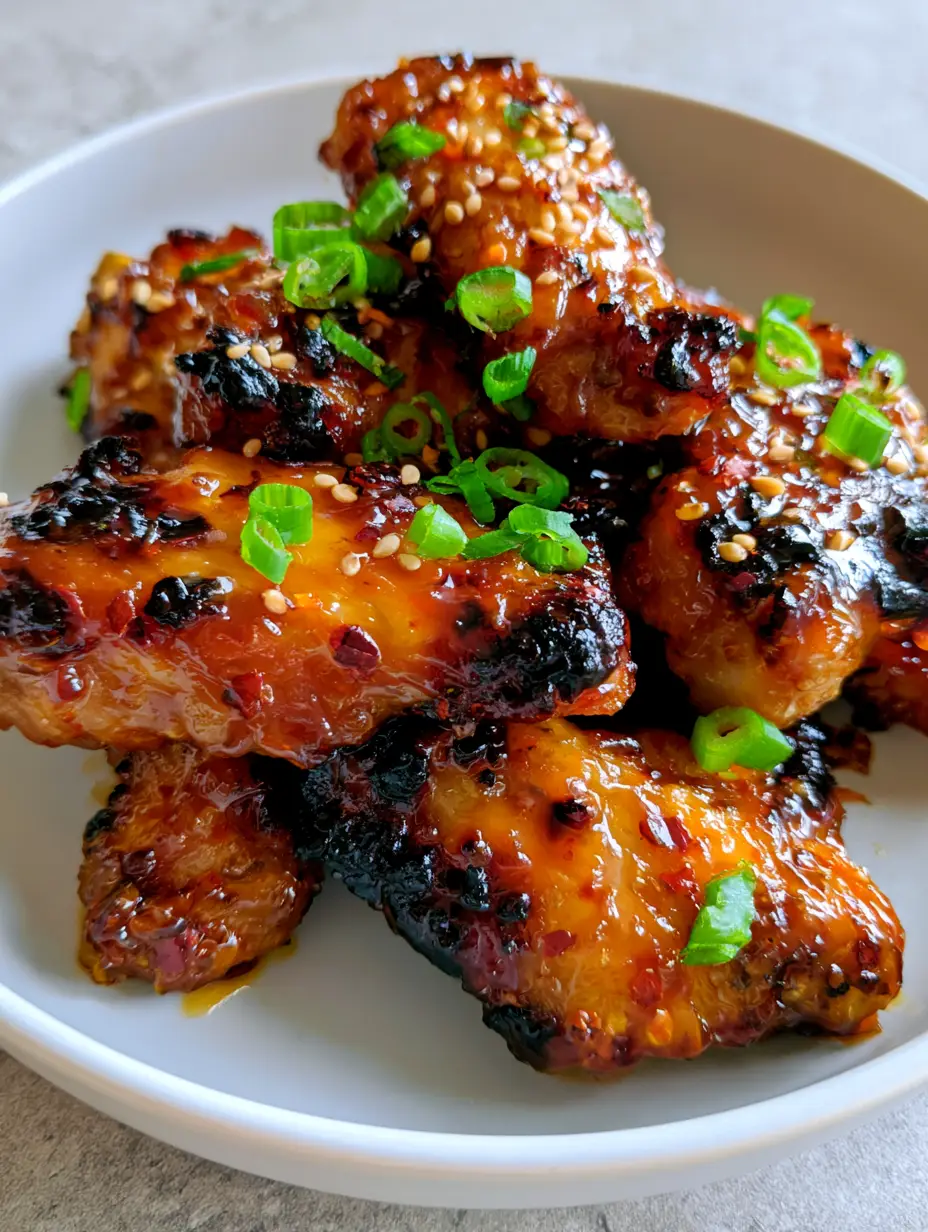 Close up of sticky Brown Sugar Pineapple Wings with caramelized dark spots and red chili flakes.