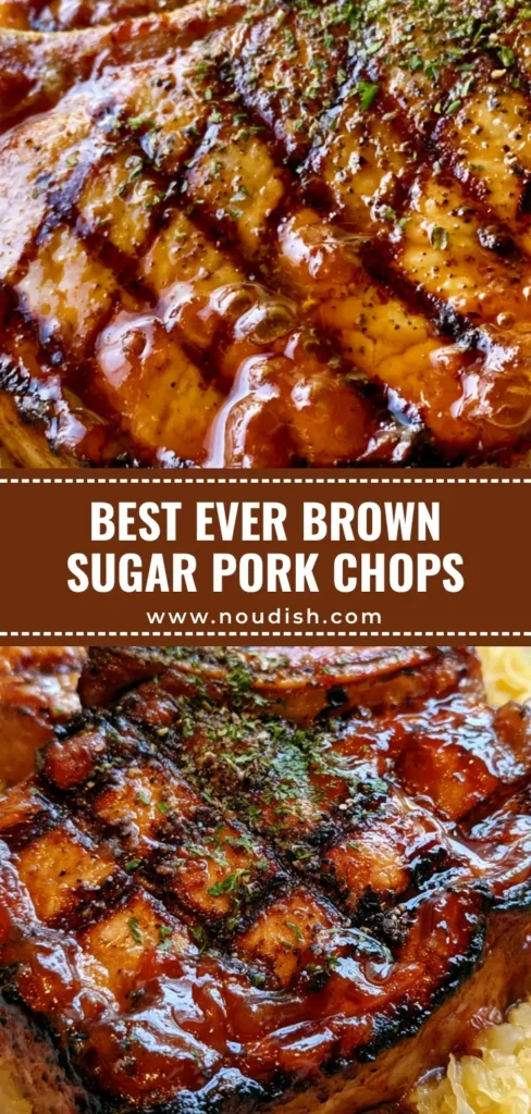 A handheld photo of Grilled Brown Sugar Pork Chops with deep cross-hatch marks and a sticky amber glaze over sauerkraut.