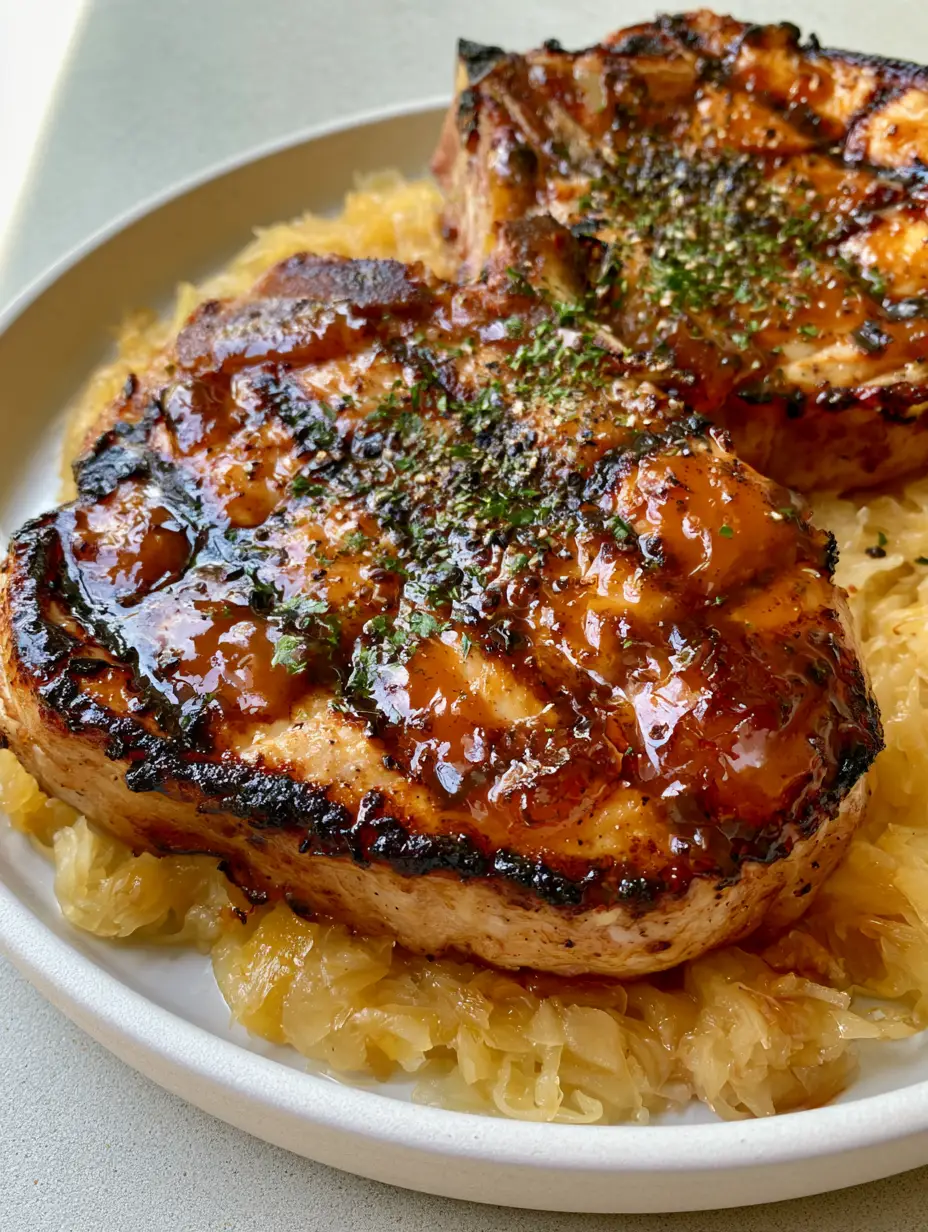 Close up of two thick-cut Grilled Brown Sugar Pork Chops with dark brown cross-hatch marks and bubbling amber glaze.