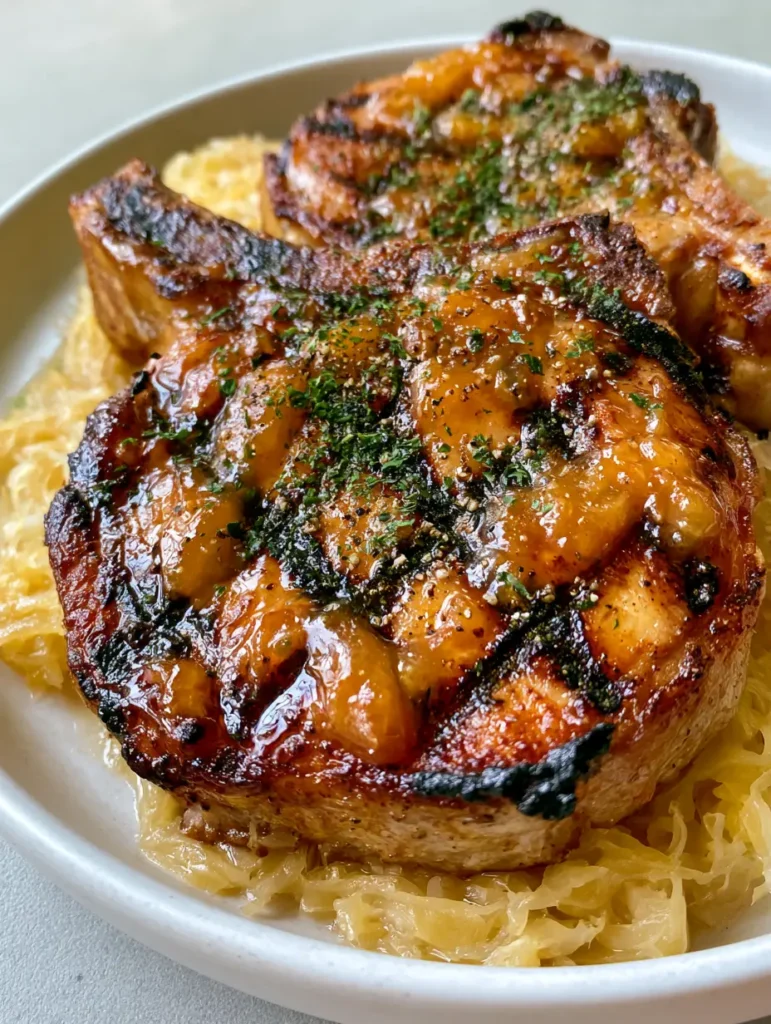 Eye-level shot of Grilled Brown Sugar Pork Chops resting on a bed of glistening shredded sauerkraut with parsley flakes.