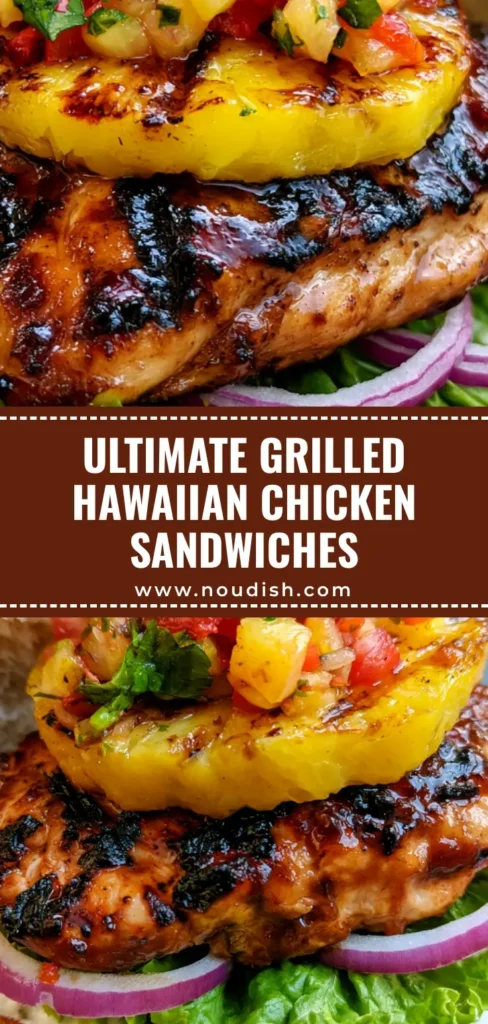 Hawaiian Chicken Sandwich with Grilled Pineapple and Fresh Salsa 3 A gourmet Hawaiian Chicken Sandwich with a glossy glazed chicken breast, grilled pineapple ring, and fresh pineapple salsa on a toasted brioche bun.