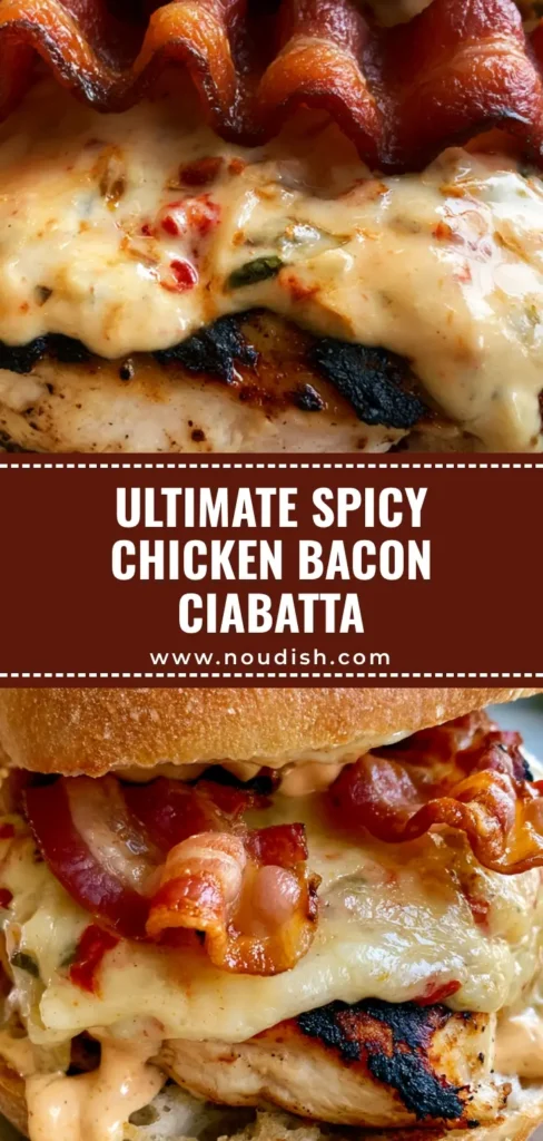 A close-up vertical shot of a Spicy Grilled Chicken Bacon Ciabatta with melted pepper jack cheese and creamy spicy mayo on a flour-dusted roll.