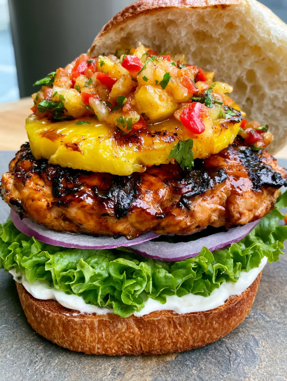 Hawaiian Chicken Sandwich with Grilled Pineapple and Fresh Salsa 4 Close-up of a Hawaiian Chicken Sandwich showing the layers of Bibb lettuce, red onion, and charred glazed chicken breast.