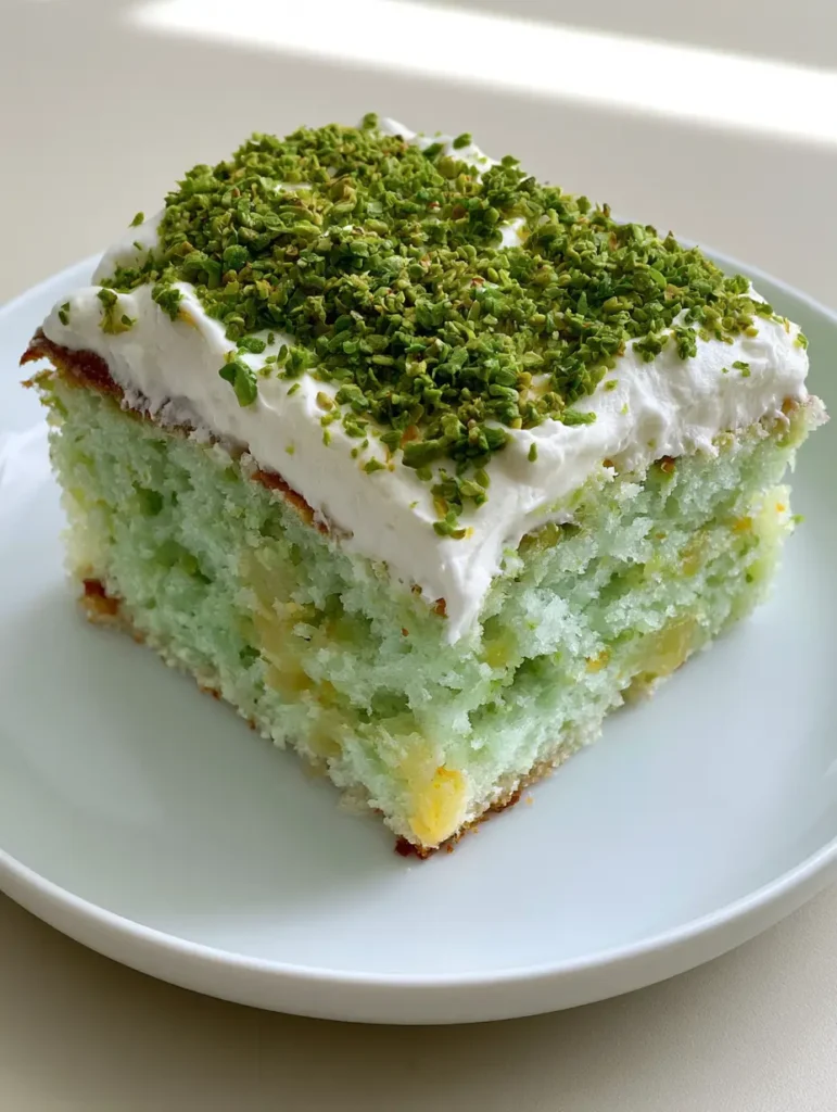Pistachio Pineapple Cake: The Ultimate Moist & Fluffy Summer Dessert 1 Rectangular slice of Pistachio Pineapple Cake on a white plate with thick frosting and crushed nuts.