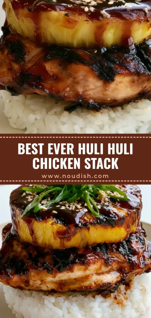 Huli Huli Chicken Stack: The Ultimate Tropical Dinner Masterpiece 4 A tall Huli Huli Chicken Stack on a white plate featuring charred chicken, a golden pineapple ring, and mahogany glaze over jasmine rice. (Huli Huli Chicken Stack)
