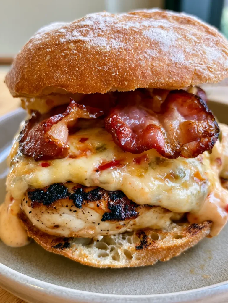 Handheld photo of a Spicy Grilled Chicken Bacon Ciabatta showing the porous ciabatta crumb and seared chicken.