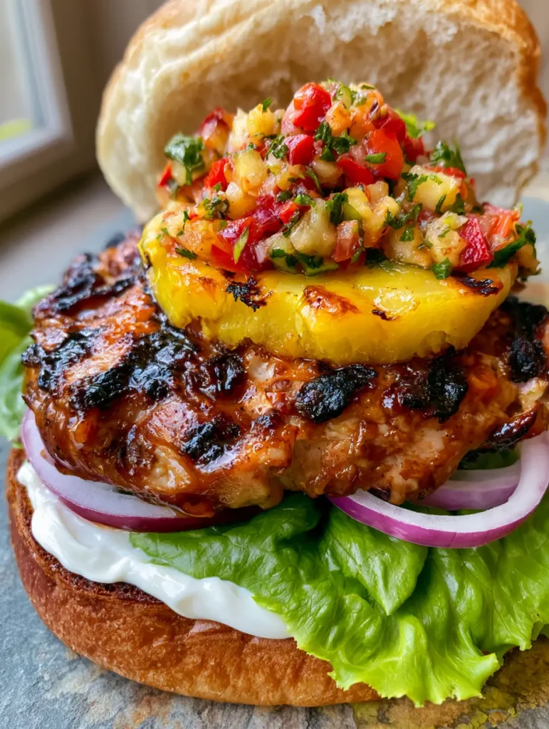 Hawaiian Chicken Sandwich with Grilled Pineapple and Fresh Salsa 1 Handheld photo of the Hawaiian Chicken Sandwich with a vibrant pineapple and red bell pepper salsa topping.