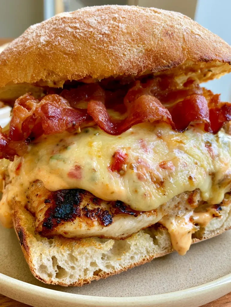 Detailed view of melted pepper jack cheese and wavy bacon strips on a Spicy Grilled Chicken Bacon Ciabatta.