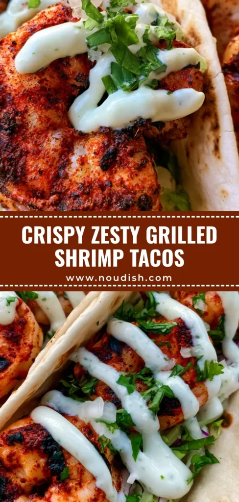 Three Grilled Shrimp Tacos in warm flour tortillas with char marks, purple cabbage, and a lime crema zigzag.