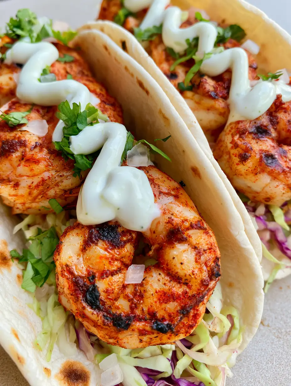 Close-up handheld photo of succulent Grilled Shrimp Tacos with red paprika seasoning and toasted tortilla edges.