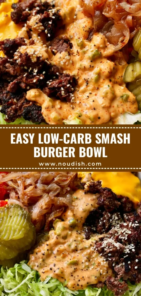 Smash Burger Bowl with Secret Sauce and Caramelized Onions 4 A deconstructed Smash Burger Bowl featuring charred beef chunks with melted cheddar, caramelized onions, and secret sauce on shredded lettuce.