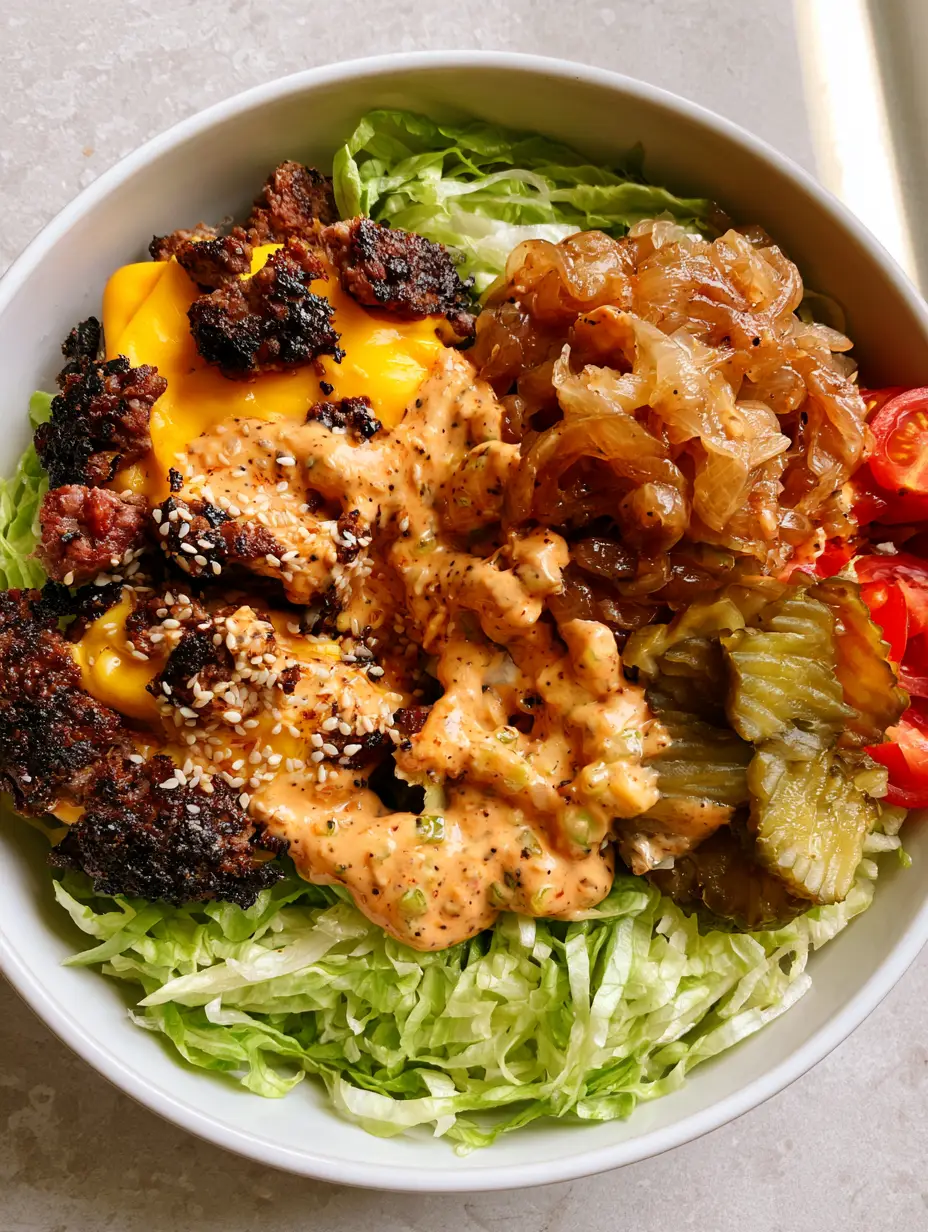 Smash Burger Bowl with Secret Sauce and Caramelized Onions 3 Close up of charred ground beef chunks with melted yellow cheddar in a Smash Burger Bowl.