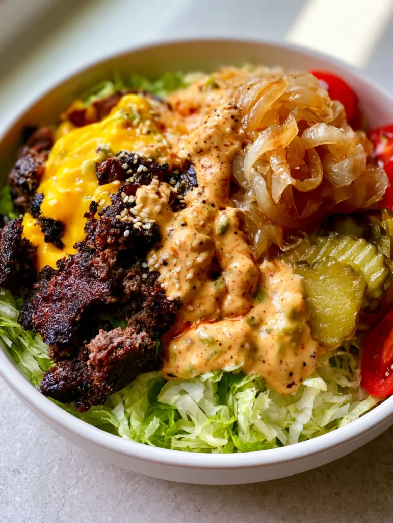 Smash Burger Bowl with Secret Sauce and Caramelized Onions 1 Overhead view of a white bowl with shredded lettuce, caramelized onions, pickles, and creamy orange burger sauce for a Smash Burger Bowl.