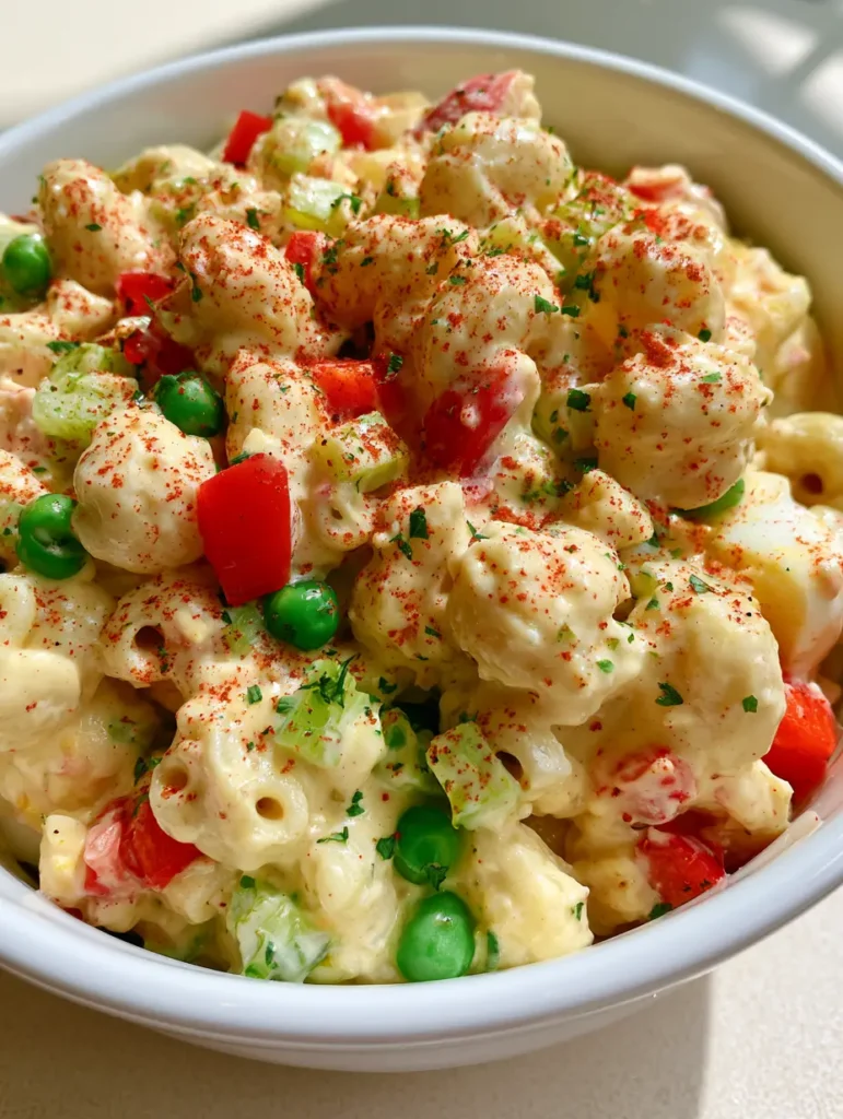 High-angle smartphone photo of Amish Pasta Salad in a white ceramic bowl featuring thick pale yellow dressing and bright green peas.