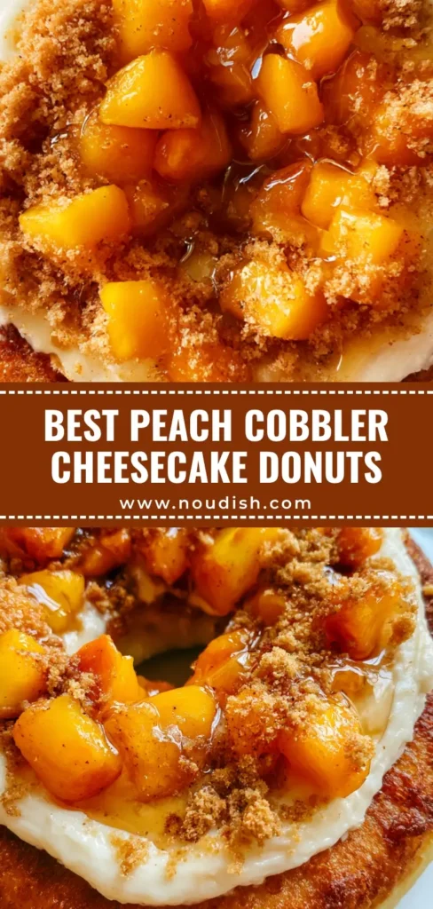 A top-down shot of a Peach Cobbler Cheesecake Donut featuring a golden-brown fried base, thick white cream cheese, diced orange peaches, and a glistening honey drizzle.