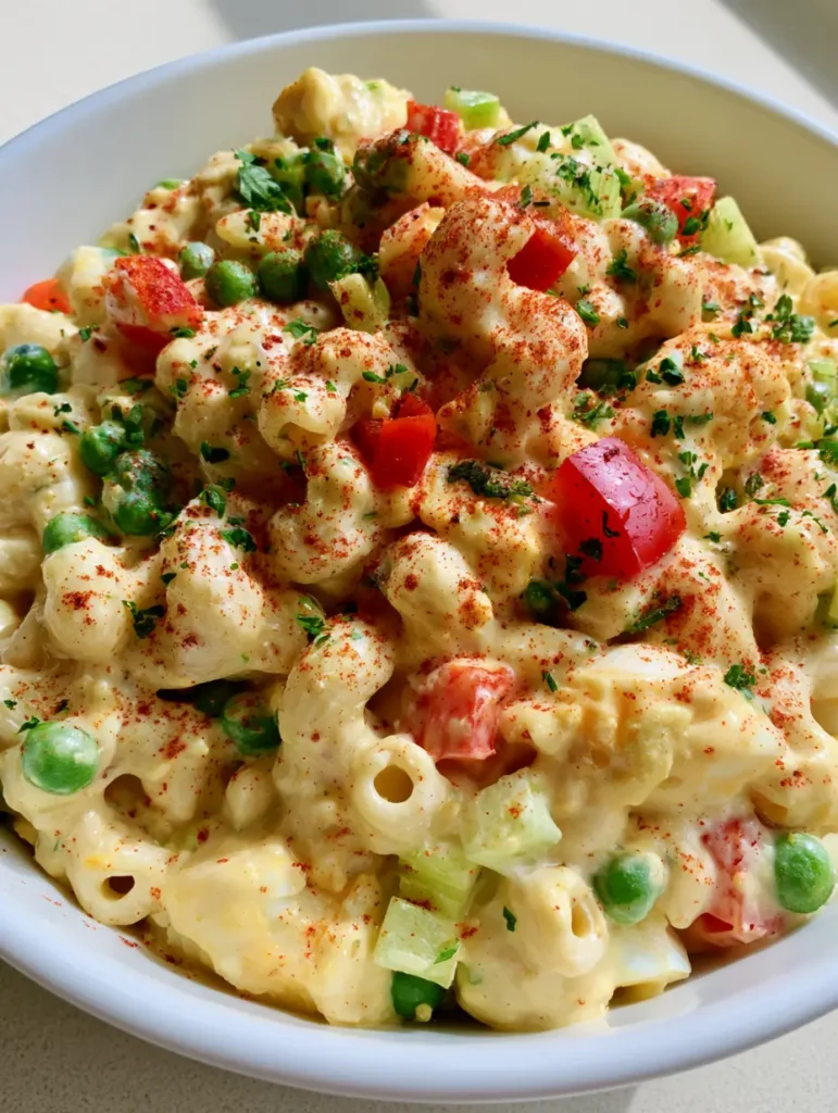 Handheld photo of Amish Pasta Salad with visible chunks of hard-boiled eggs, red bell peppers, and fresh parsley sprinkles.