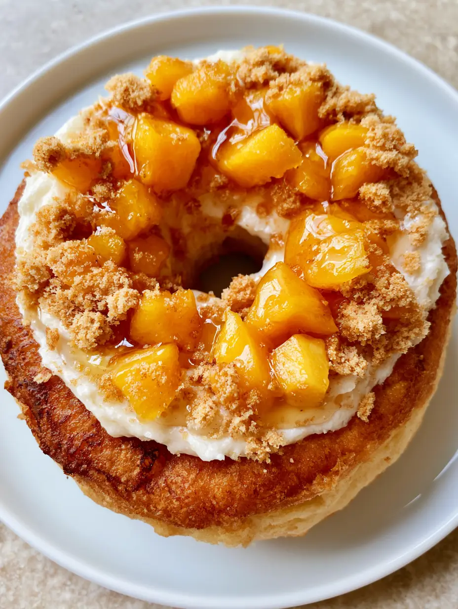 Close up of fried golden donut dough topped with thick white cream cheese and diced fresh orange peaches for Peach Cobbler Cheesecake Donuts.