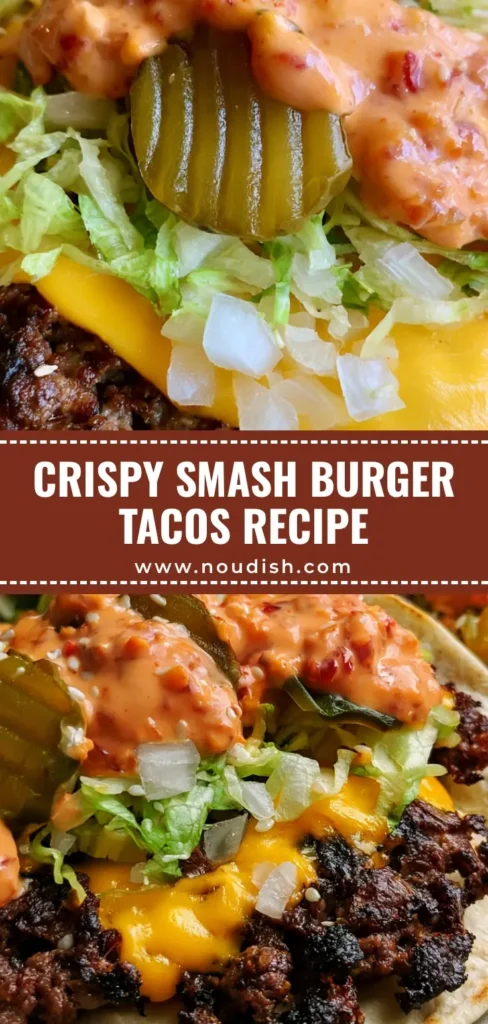 Three Smash Burger Tacos on a flour tortilla with melted cheese, lettuce, onions, and pickles on a gray surface.