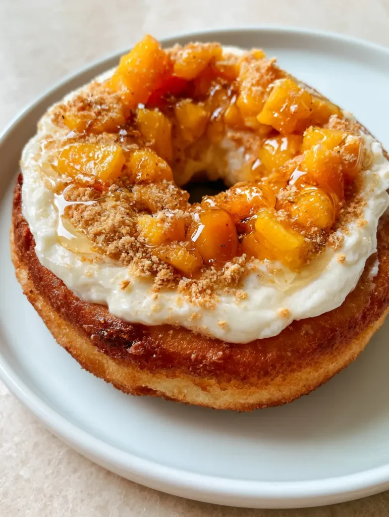 Overhead view of Peach Cobbler Cheesecake Donuts on a minimalist white plate with fine graham cracker crumbs.