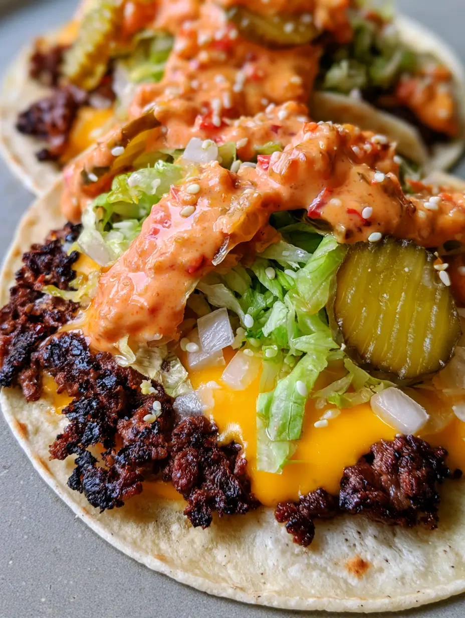 Close-up of three Smash Burger Tacos featuring crispy beef edges and creamy orange sauce.