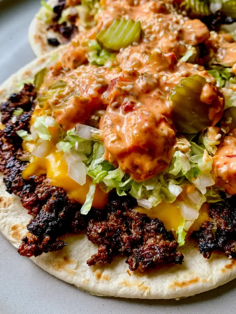 Smashed beef patty on a toasted tortilla topped with relish-infused burger sauce and sesame seeds.