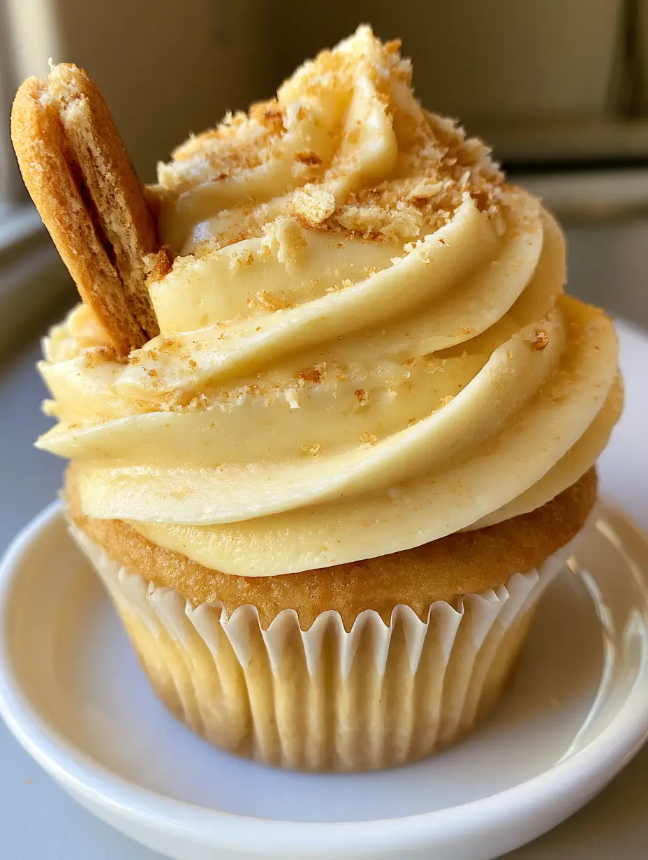 Close-up handheld photo of thick Banana Pudding Frosting with a velvety texture and a vanilla wafer cookie garnish.