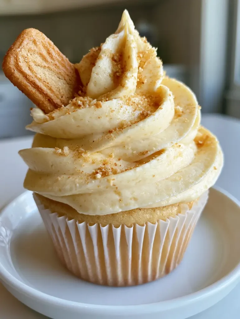 A pale buttery yellow Banana Pudding Frosting swirl on a cupcake in a white paper liner, plated on a white saucer.