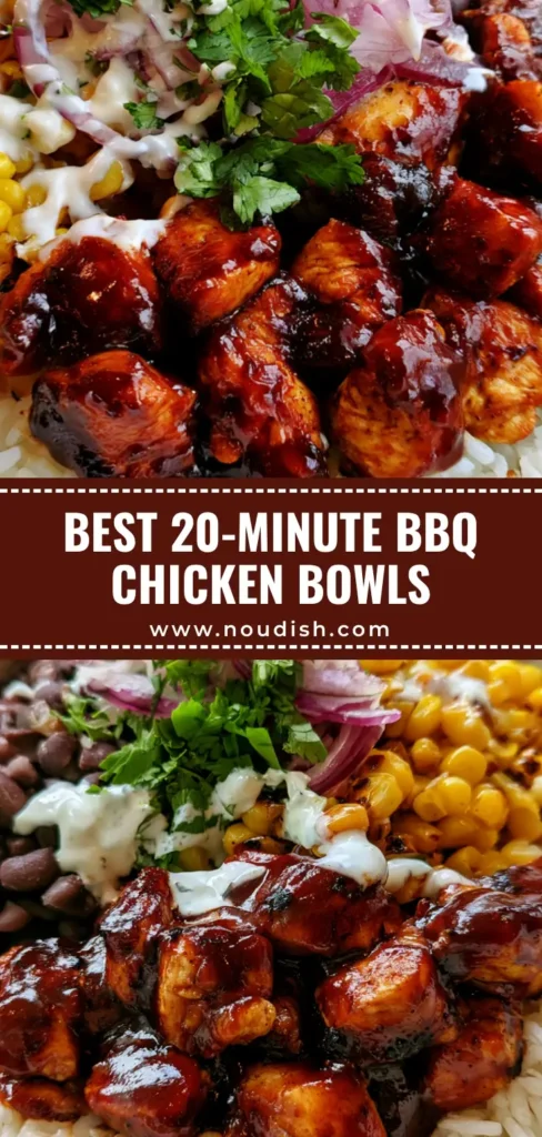 BBQ Chicken Rice Bowls: The Ultimate 20-Minute Weekday Meal 3 A round white bowl containing deconstructed BBQ Chicken Rice Bowls with mahogany glazed chicken, charred corn, black beans, and ranch drizzle.