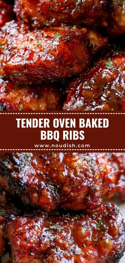 Close-up of Oven Baked Country Style Ribs with a thick mahogany BBQ glaze and charred edges on a white platter.