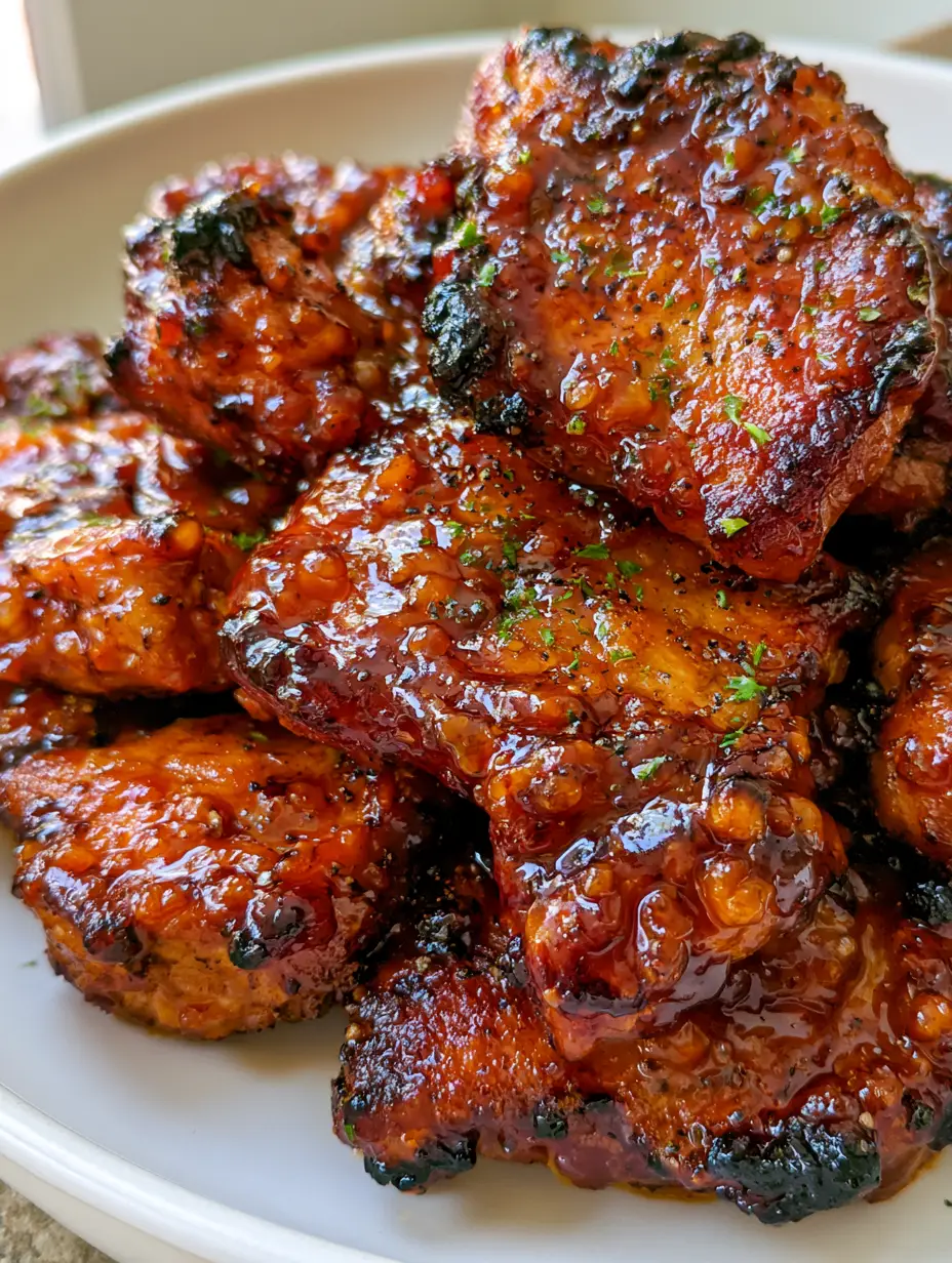 Close-up handheld photo of thick boneless Oven Baked Country Style Ribs showing fork-tender meat and sticky BBQ sauce.
