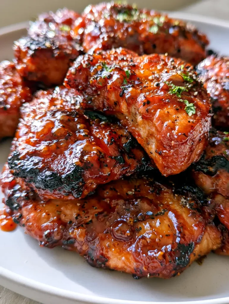 A platter of Oven Baked Country Style Ribs featuring caramelized sugar crust and dried parsley garnish.