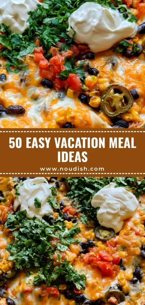 A close-up of loaded sheet pan nachos with melted cheese and black beans, representing Easy Vacation Meals.