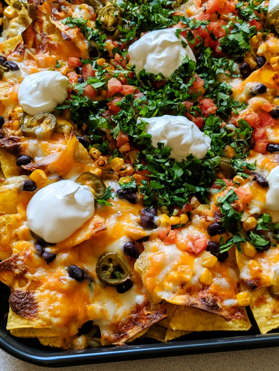 A top-down shot of a large black metal baking sheet filled with loaded oven-baked nachos and melted orange cheddar. (Easy Vacation Meals)