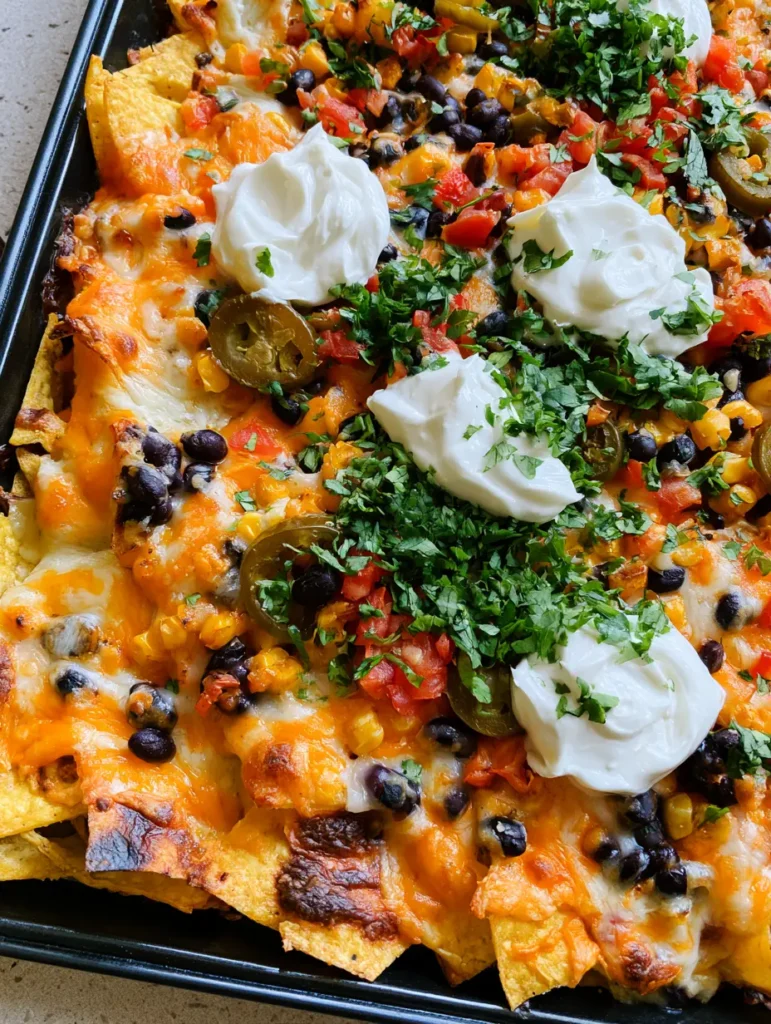 Close up of bubbly monterey jack cheese on corn chips with dollops of sour cream and fresh cilantro.