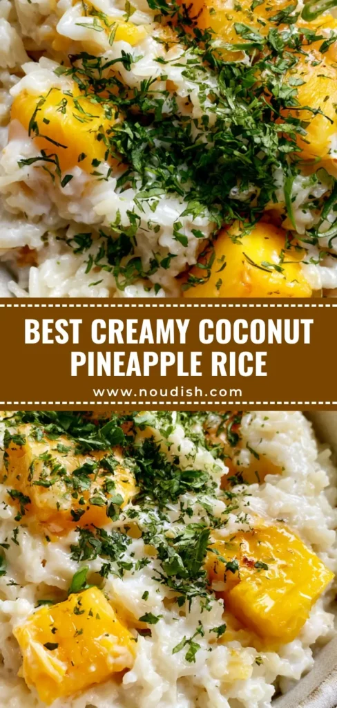 Coconut Pineapple Rice: The Creamiest Tropical Side Dish You’ll Ever Crave 3 A close-up of glistening Coconut Pineapple Rice served in a rustic ceramic bowl with golden pineapple chunks and fresh green cilantro garnish.